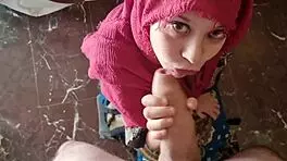 Muslim beauty fiercely sucks huge cock until cum spills on her mouth