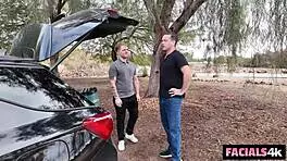 Teen Babe Blows Cock Outdoors for Facial Cumshot