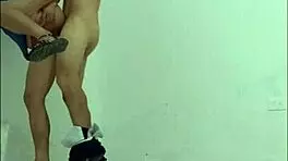 Hospital cleaner seduces nurse, puts on condom, and fucks her like a slut standing in office hallways.