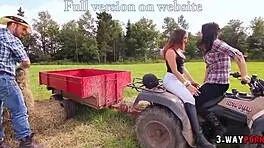 3-way porn - 2 babes with big tits fucked outside the farm by ranch boy 😈