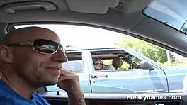 Hot amateur whore gets shaved pussy pumped deep after joyful blowjob pickup.