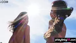 Asian milf Viviane Leigh and her teen girlfriend pose naked on the hood