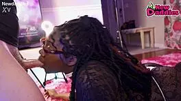 Black twenty-eight year old ebony whore inhales white daddy's cock passionately