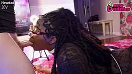 Black twenty-eight year old ebony whore inhales white daddy's cock passionately