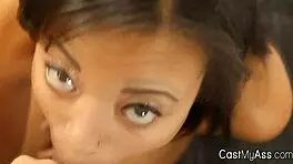 Perky ebony teen amateur blows black guy in thong during homemade POV casting