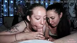 Young wife and her friend surprise me with a double blowjob in our bed.