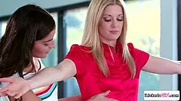 hey, watch this lesbian student strip and lick her blonde teacher’s pussy