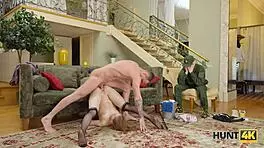 Ex-military cuckold watches teen 18+ surrender shaved pussy on sofa.