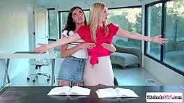 hey, watch this lesbian student strip and lick her blonde teacher’s pussy