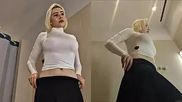 No bra haul shows upskirt panties in dressing room view