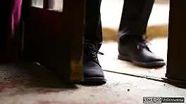 The petite blonde babe faces blackmail and submits to hardcore fucking with a guy.