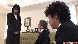 Old males smack Kotomi Asakura's young shaved pussy in hardcore office threesome! Facial group action awaits at pissjp com.