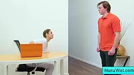 Sexy Teen 18+ Masseuse Delilah Day Covers Naked Body in Nuru Gel, Rubs Against Client Anthony Pierce for Intense Session. Her Pierced Blonde Charm Adds Extra Heat.