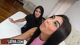 Busty latina teen 18+ enjoys pov titty fuck with big cock stepbro in amateur threesome.