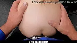 The mall officer pulls out his monster cock, and the shoplifter eagerly sucks it in the office.