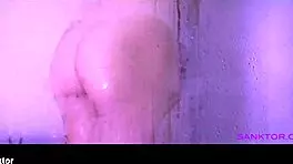 Sasha Sparrow strips and masturbates in the shower, teasing her small tits and wet pussy