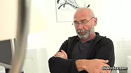 Blonde teen 18+ skillfully jerks and sucks an old grandpa’s cock