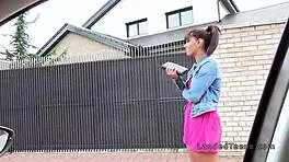 teen with beautiful tits gets banged outdoors in pov, sucking big cock hard