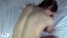 Blonde Aften Opal craved Mr. Brogan's cock in wet lingerie on bed, giving handjob and swallow