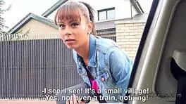 teen with beautiful tits gets banged outdoors in pov, sucking big cock hard