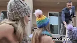 double booked house turns into wild foursome with teen girlfriends