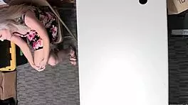 Big breasted blonde teen kneels for security blowjob in shop