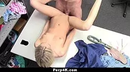 blonde teen with blue eyes caught shoplifting, punished by police in garage, riding burglar cowgirl style