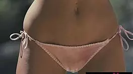 skinny brunette flashes wet pussy