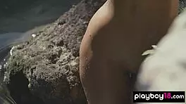 skinny brunette flashes wet pussy