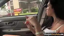 Glory hole brunette blowjob sucking long schlong