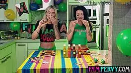 brunette babe shares assfucking in panties swap