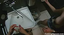 fucking glasses - mazy teen 18+ blows in public restroom for orgasm