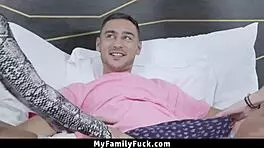 Stepsisters take stepbrother to bedroom for taboo threesome with riding and blowjob.