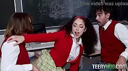 Teacher's pet teen turns classroom study into nasty threesome blowjob chaos