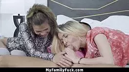 Stepsisters take stepbrother to bedroom for taboo threesome with riding and blowjob.