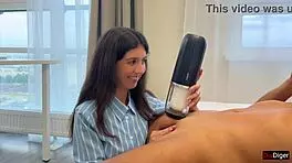 Brunette Babe Gets Powerful Cumshot from Svakom Alex Neo 2 Toy in Public