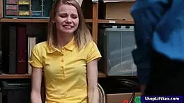 Skinny shoplifter gets roughly pounded by strict LP officer in office