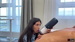 Brunette Babe Gets Powerful Cumshot from Svakom Alex Neo 2 Toy in Public