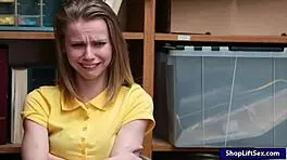 Skinny shoplifter gets roughly pounded by strict LP officer in office