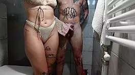 I saw him jerking off in the shower. Couldn't resist joining for deepthroat with my big tits