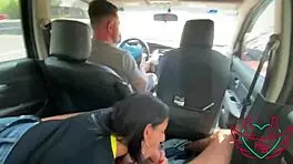 Mom Sucks Step-Son While Husband Drives In Car With Brunette Teen