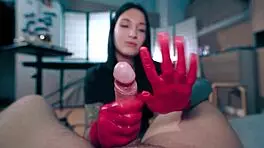 sexy nurse in latex helped patient with semen collection