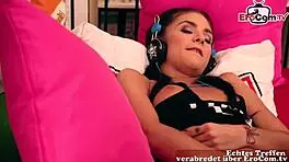 German brunette caught masturbating by friend and slammed with hardcore pounding in bedroom