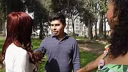 Hey, check this hot lesbian trio with two friends and a lucky guy!