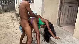 Tiny ebony girl with big tits, huge cock