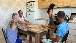 Lost his wife at cards and got triple creampied on the kitchen table.