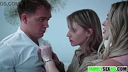 Stepmom guides stepson and stepdaughter in taboo bedroom lesson