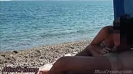 French amateur gives public beach blowjob compilation with cumshot creampie