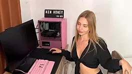 blonde friend teases playfully on outdoor camera for fun