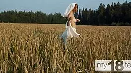 Cute My18Teen Girl Masturbates Pussy in Field. Solo Redhead Enjoys Outdoor Fingering.